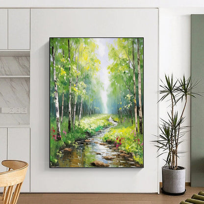 Sunlit Forest Stream - Landscape Oil Painting On Canvas DKH1266