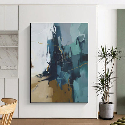 “Blue, Gray & Gold Abstract Geometry” - Blue, Gray, Gold & White Modernist Painting On Canvas DKH1016