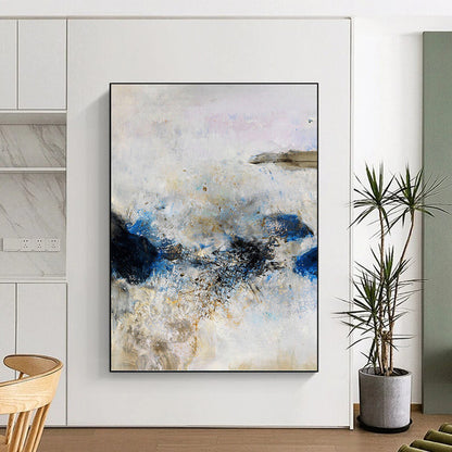 “Soft Storm” - Blue, Gray & Gold Abstract Impasto Painting On Canvas DKH1521