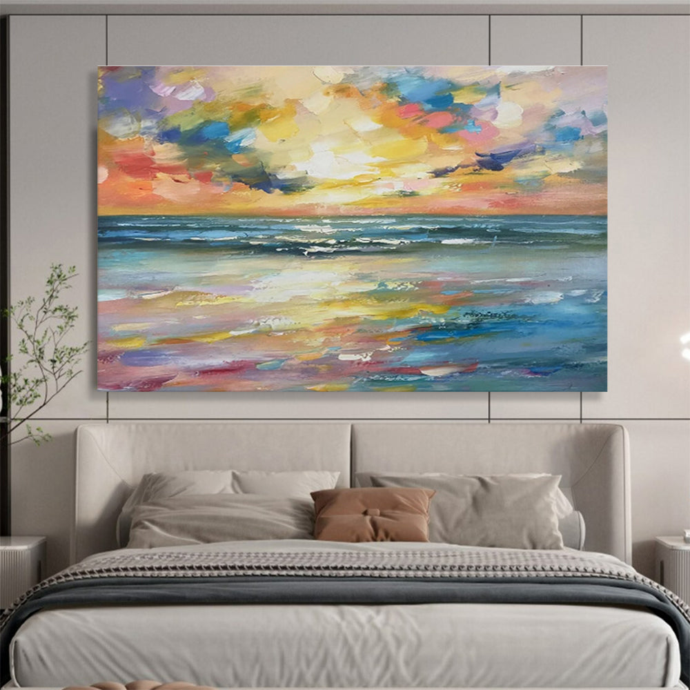 Rainbow - Hued Sunset and Ocean “Spectral Seaside Splendor” Painting On Canvas DKH117