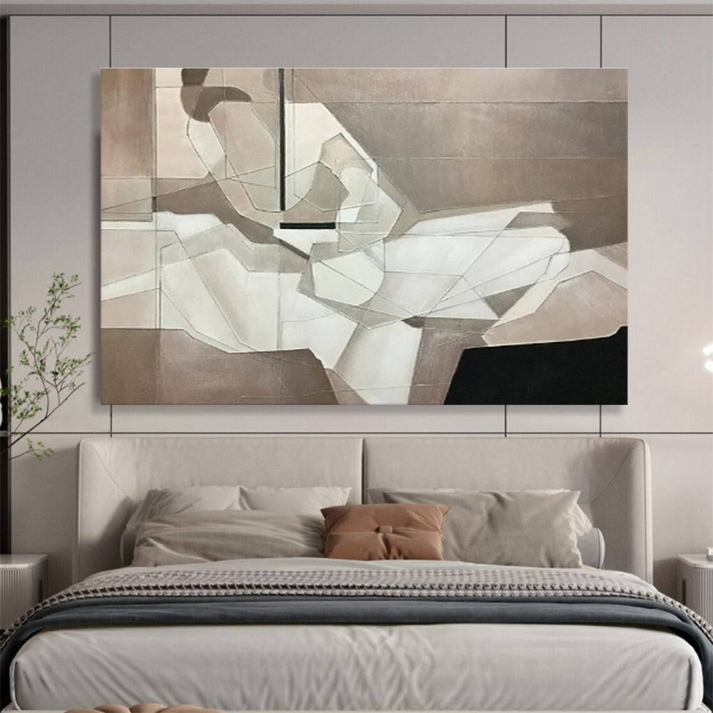 “Monochrome Geometric Abstraction” Cubist - Inspired Painting On Canvas DKH350