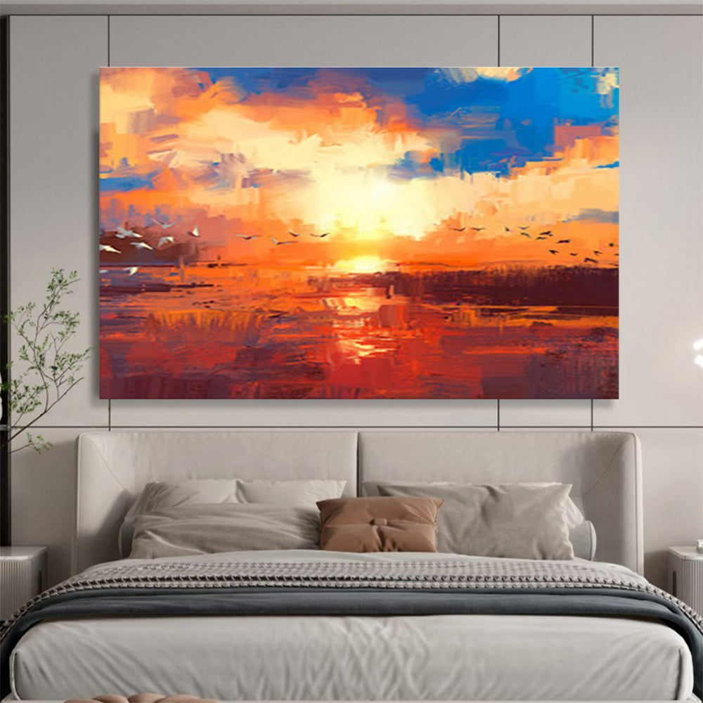 “Vibrant Sunset with Birds” Abstract Landscape Painting On Canvas DKH387