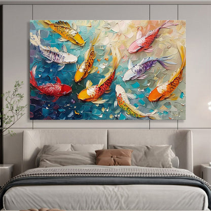 “Koi Celebration” - Colorful, Textured Fish & Water Impasto Painting On Canvas DKH705