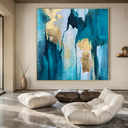 “Blue, Gold Cascading Waterfall” – Textured Abstract Art CT1007