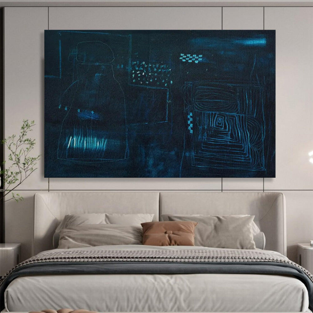 “Deep Blue Abstract Night Forms - Dark Blues and Subtle Lines” Painting On Canvas DKH023