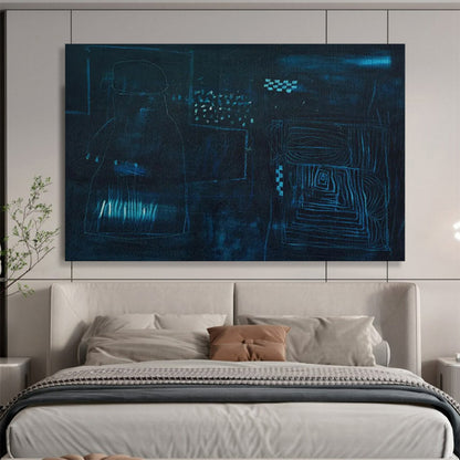 “Deep Blue Abstract Night Forms - Dark Blues and Subtle Lines” Painting On Canvas DKH023