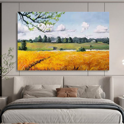 Golden Field and Cottage - Realist Landscape Painting On Canvas DLZ208