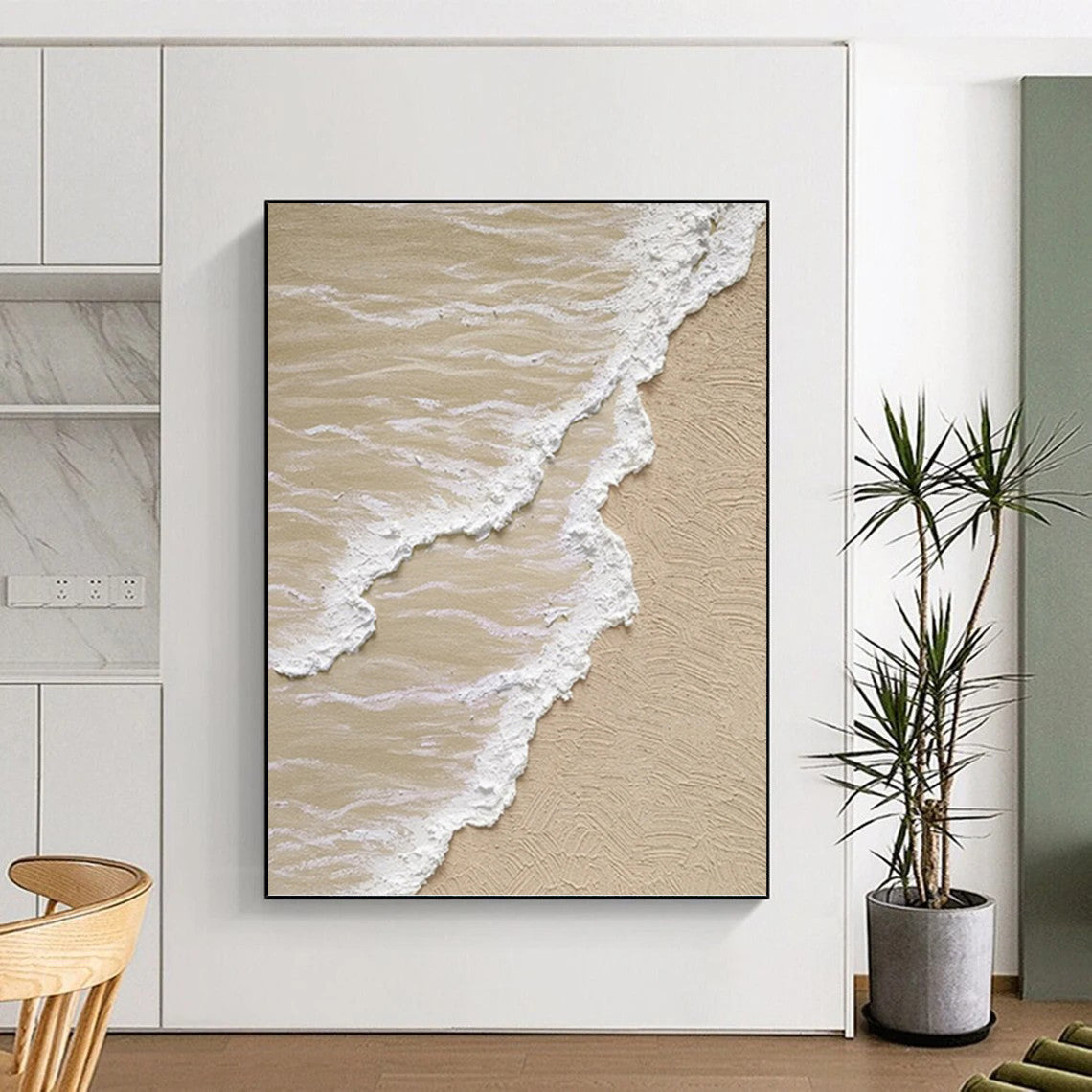 Beige and White Textured Seashore Painting On Canvas DKH1143