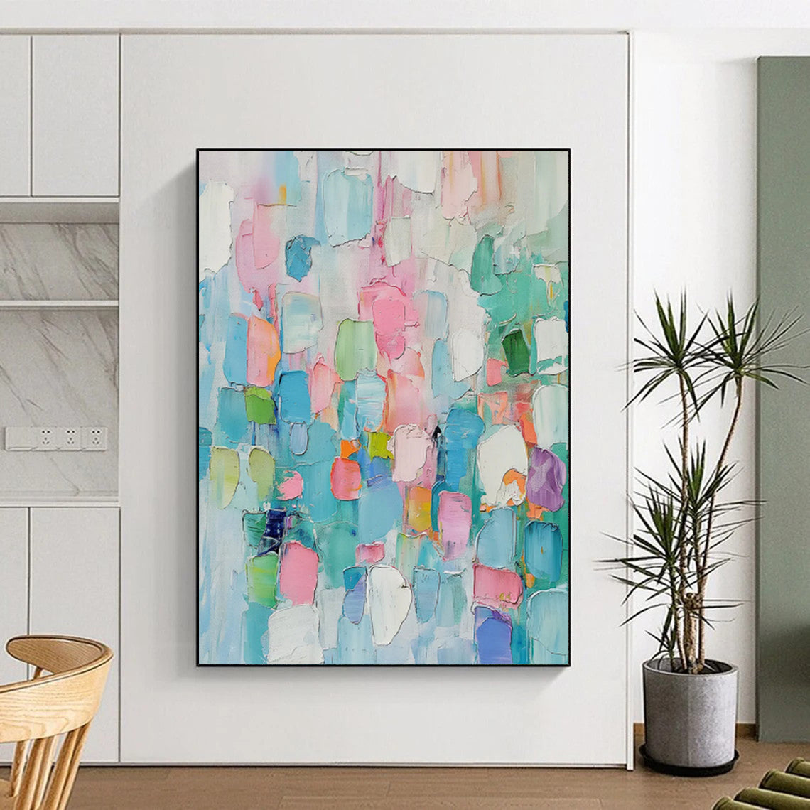 “Pastel - Toned Abstract Color Blocks” - Multicolor Cubist - Inspired Painting On Canvas DKH0997