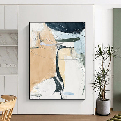 “Fluid Connections” - Beige, Blue, Black & White Abstract Lines Painting On Canvas DKH1523