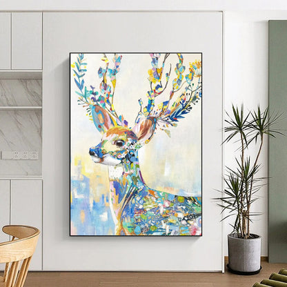 “Colorful Floral Deer” - Colorful Whimsical Animal Painting On Canvas CT2209