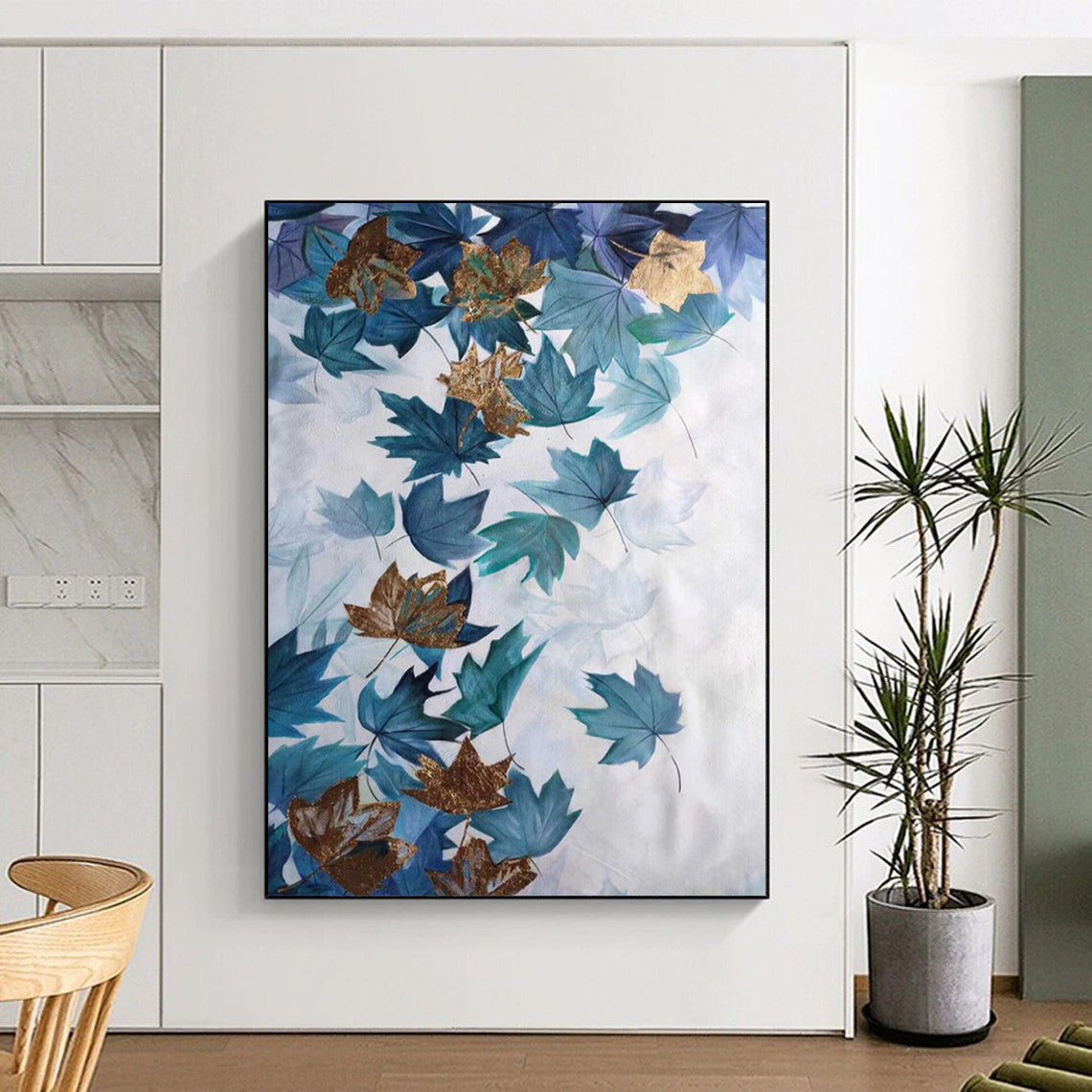 “Teal Leaves with Golden Accents” – Botanical Acrylic Painting CT2078