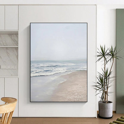 “Serene Gray Beach” - Gray, Blue, White Landscape Painting On Canvas DTP310