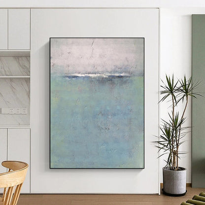 “Blue, Gray, Green Subtle Horizon ‘Quiet Calm’” - Impasto Abstract Landscape Painting On Canvas DTP354