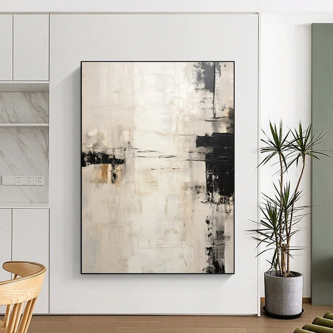 “White - Black - Beige Abstract Strokes” ，Abstract Oil Painting CT0838