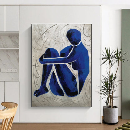 “Contemplative Blue” - Blue and Gray Abstract Figure Painting On Canvas DKH1569