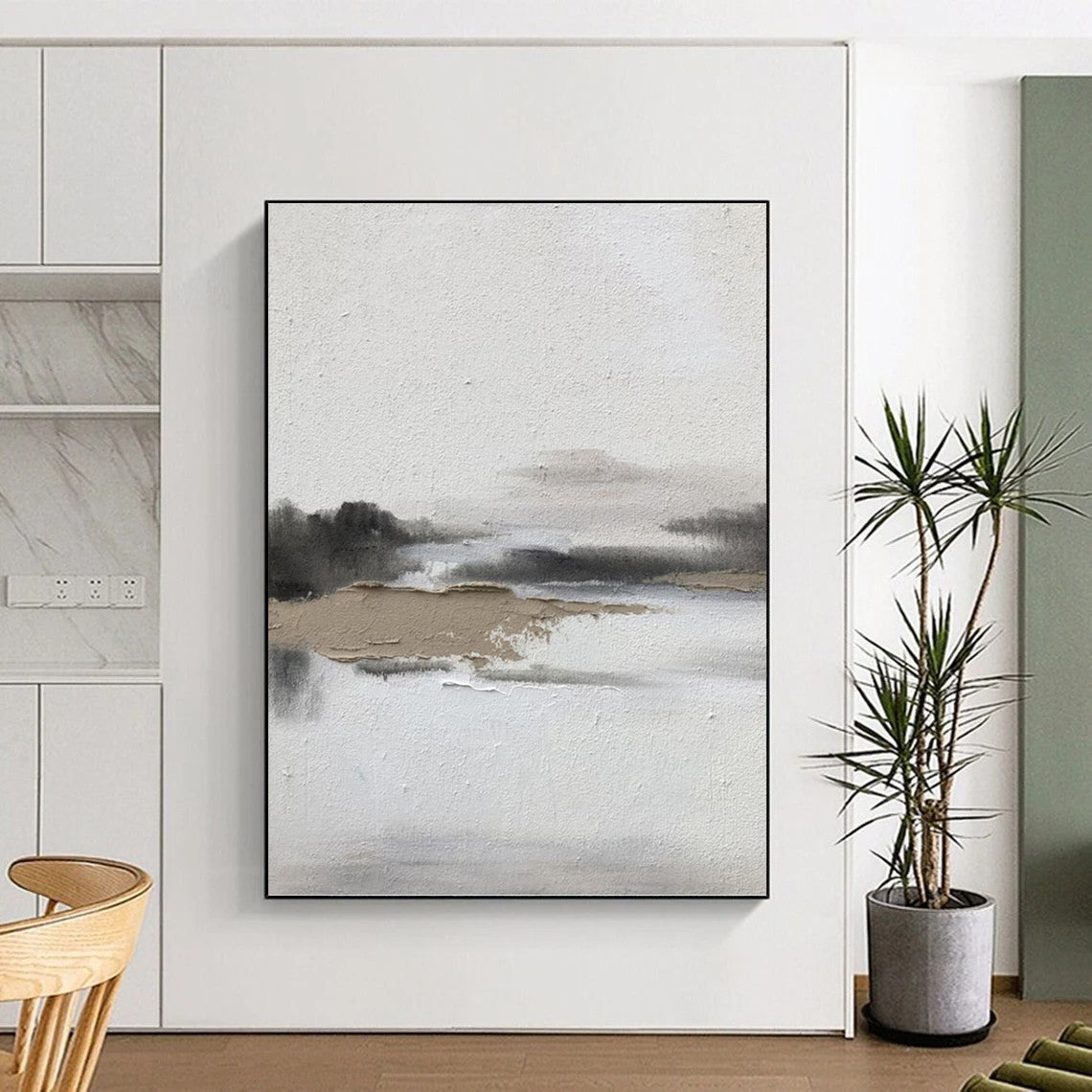 “Neutral Textured Waterscape” - Abstract Landscape Painting On Canvas DKH1672