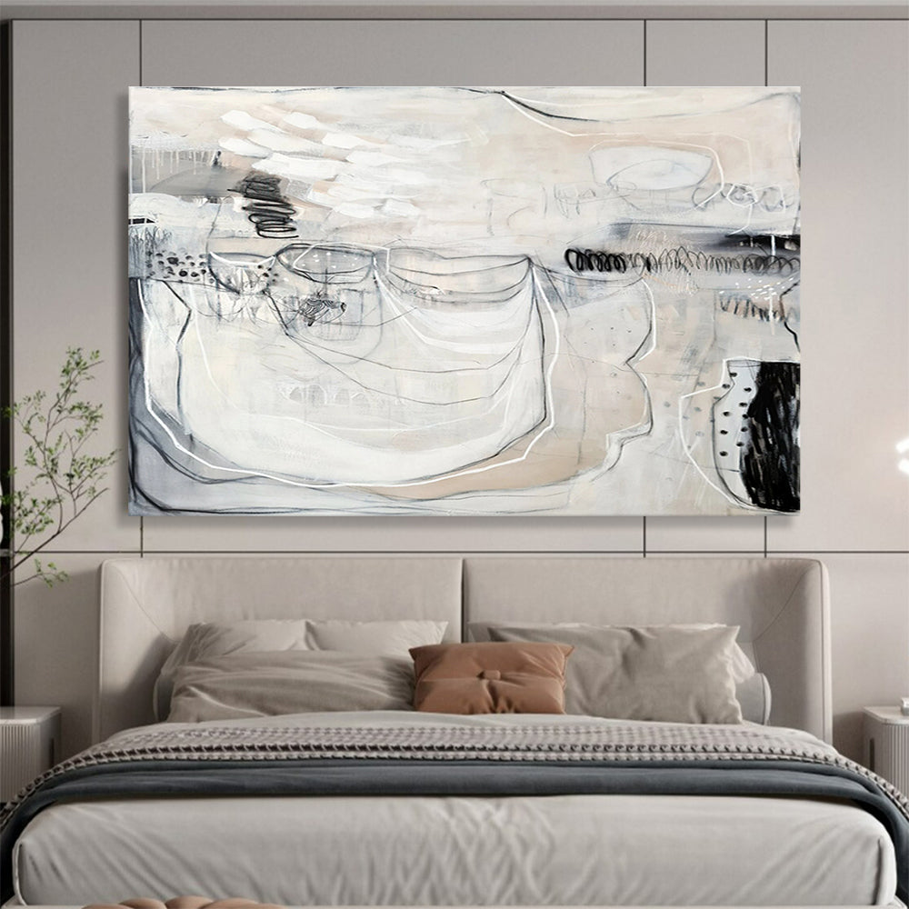 Monochrome Abstract with Linear Details “Ethereal Monochrome” Painting On Canvas DKH074