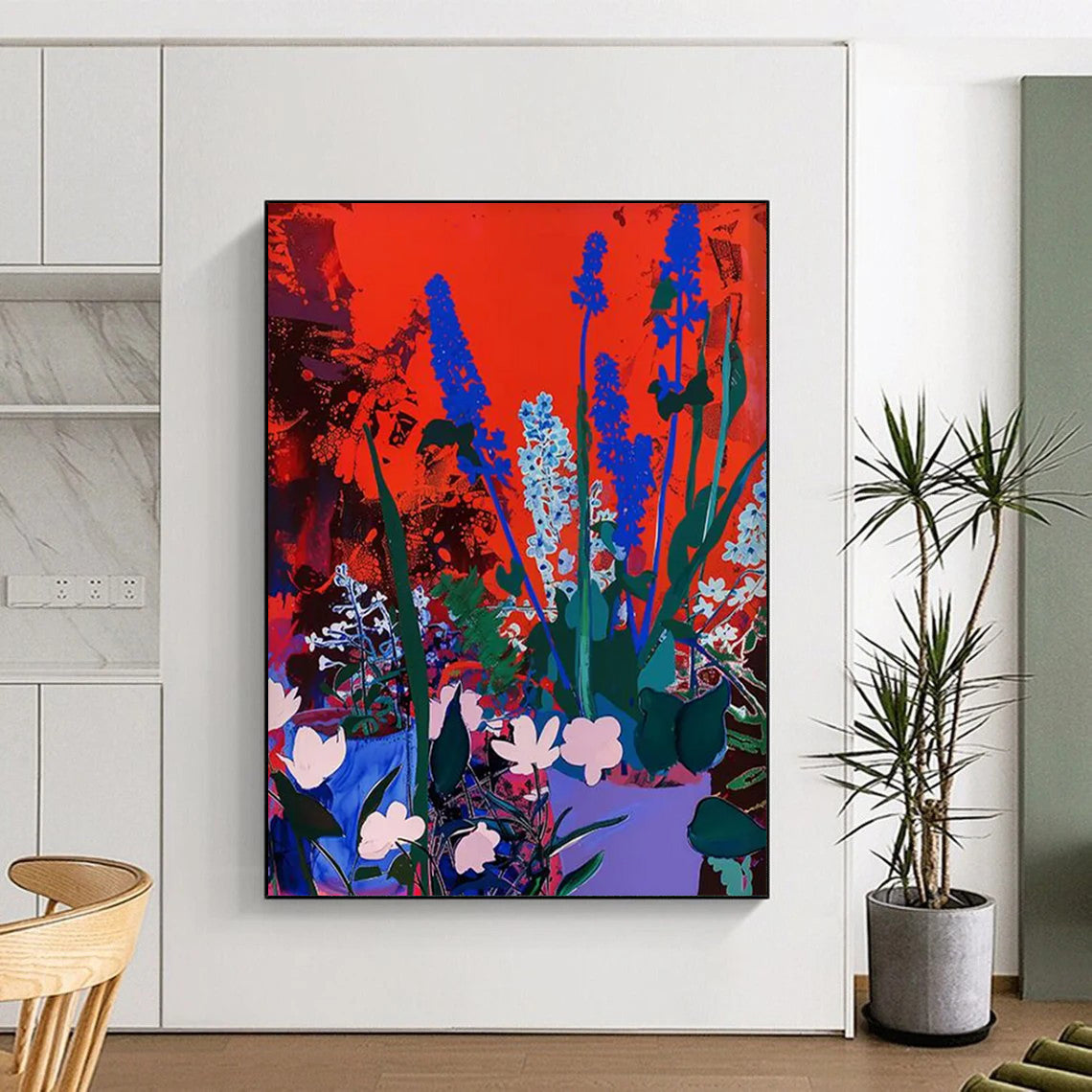 “Blue Flowers on Red” - Pop Art - Inspired Floral Painting On Canvas DTP100