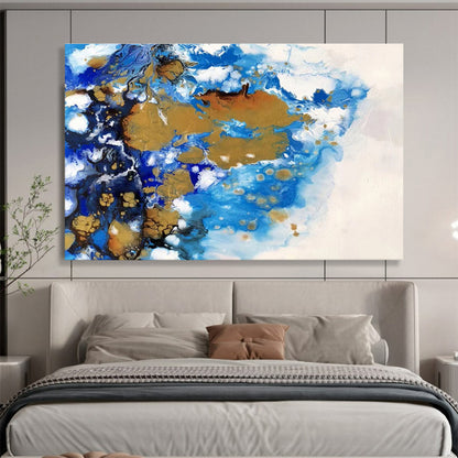 “Blue, Gold, and White Fluid Abstract” Painting On Canvas DKH167