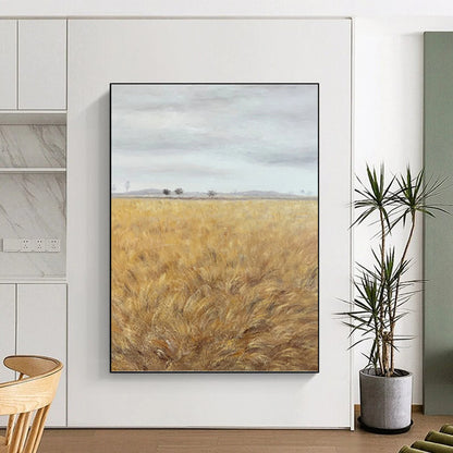 Golden Field Under Gray Sky - Landscape Painting On Canvas DKH1434