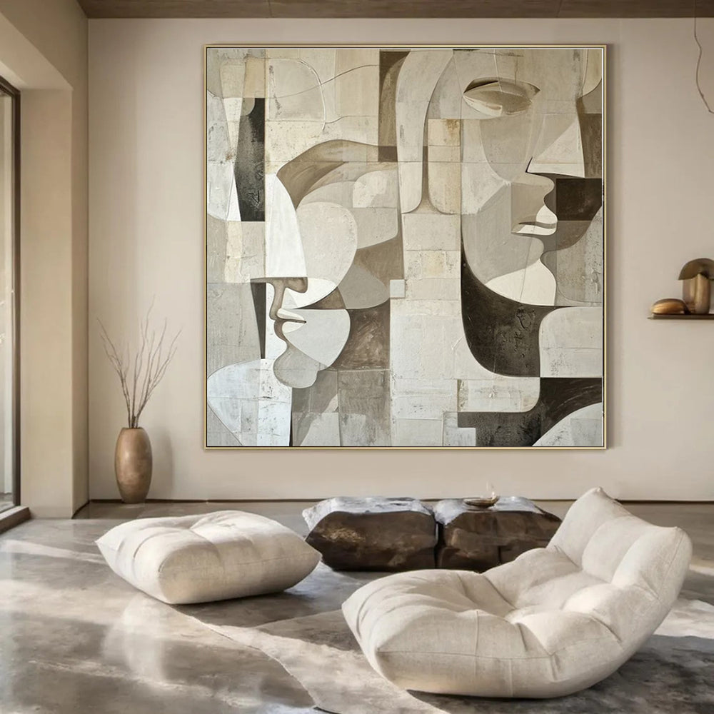 Monochrome Geometric Faces - Cubist - inspired Acrylic Painting CT1388