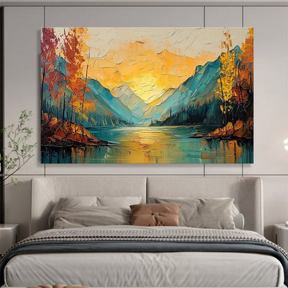 Mountain Sunset Lake - Orange, Blue & Yellow Landscape Painting On Canvas DKH907