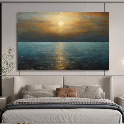 Golden Sunset and Blue Ocean “Serene Solar Reflections” Painting On Canvas DKH102