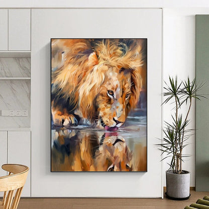 “Lion Drinking at Waterhole” - Realistic Wildlife Oil Painting On Canvas DKH1647