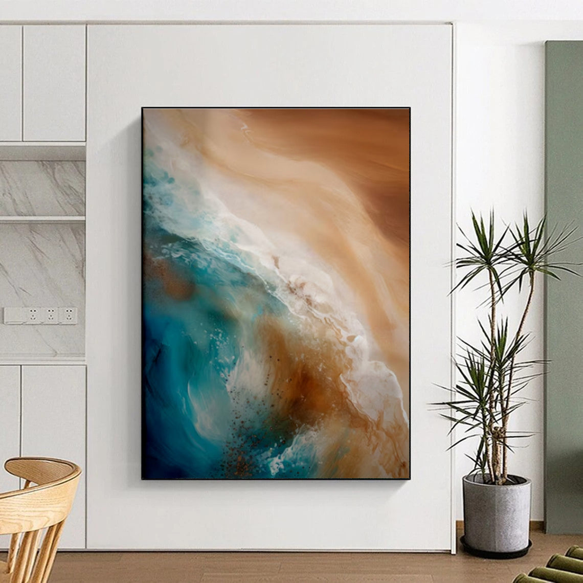 Blue, Beige & White Ocean Waves, “Coastal Flow” - Fluid Acrylic Seascape Painting CT0765
