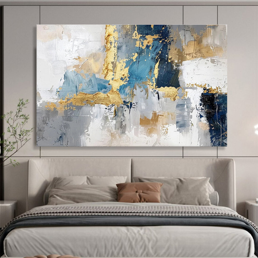 “Blue, Gray & Gold Abstract Fusion” Abstract Textured Painting On Canvas DKH344