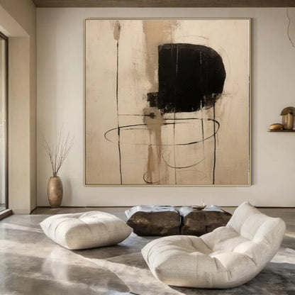 Minimalist Black & Beige Lines - Abstract Expressionist Ink & Acrylic CT1290