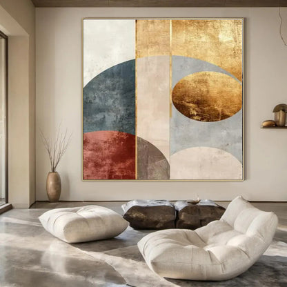 Geometric Arches: Gold, Blue & Rust II - Abstract Minimalist Print CT1247