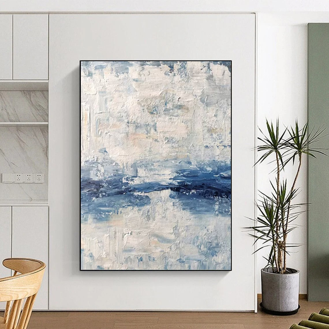 “Blue - White Textures” - Blue & White Abstract Textured Layers Painting On Canvas DKH1546