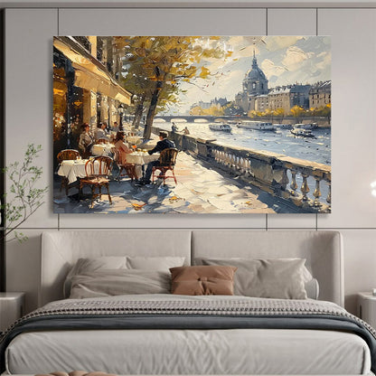 Parisian Riverside CafScene Painting On Canvas DKH666
