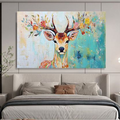 “Floral - Antlered Deer” - Whimsical Animal Painting On Canvas DKH803