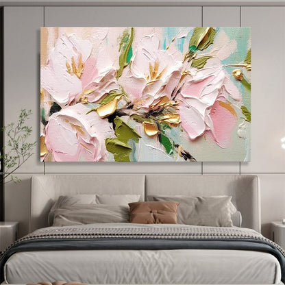 “Pink Flowers with Gold Accents”：Textured Floral Painting On Canvas DKH253