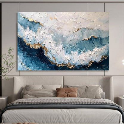 “Blue, White & Gold Textured Waves” Impasto Seascape Painting On Canvas DKH347