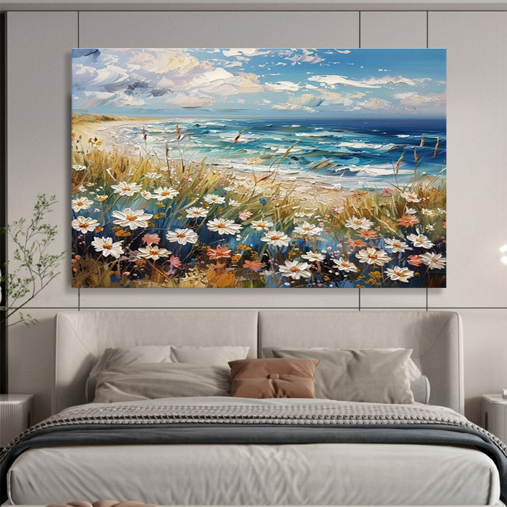 “Seaside Wildflowers”：Impasto Coastal Landscape Painting On Canvas DKH255