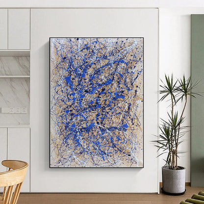 “Blue Drip Chaos” - Blue & White Abstract Drip Painting On Canvas DKH1580