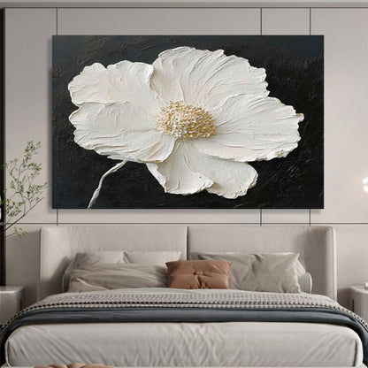 “Textured White Flower on Black” 3D Floral Painting On Canvas DLZ091