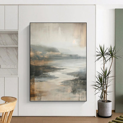 “Muted Tonal Landscape” - Gray, Brown & Beige Impressionistic Seaside Painting On Canvas DKH1001