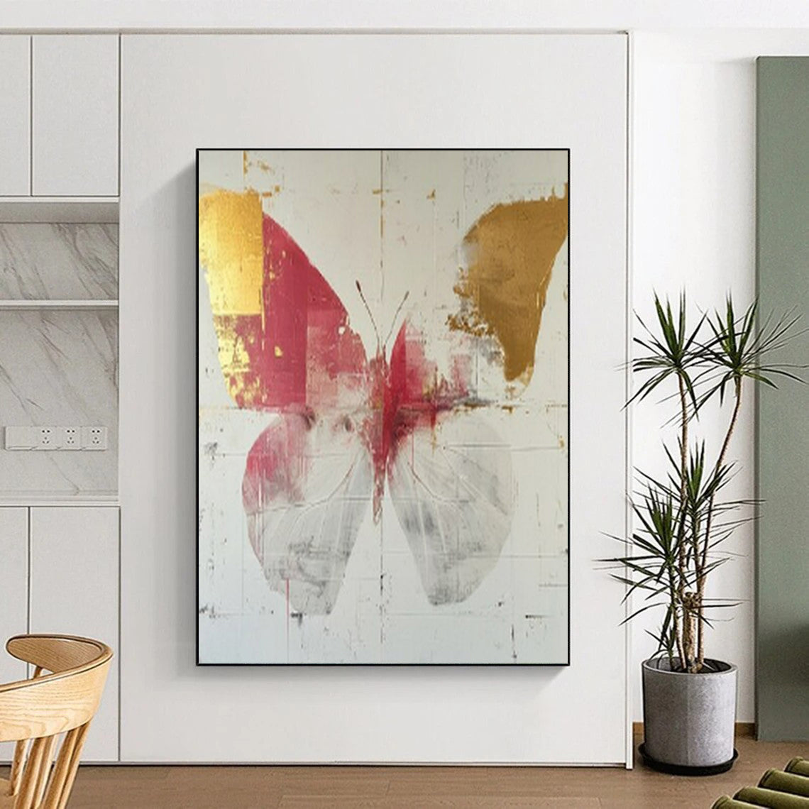 “Elegant Red - Gold Butterfly” - Red, Gold & White Butterfly Painting On Canvas CT2207