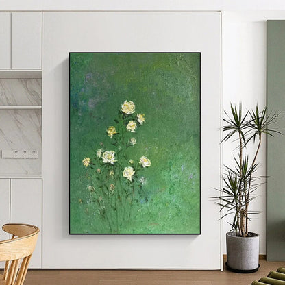 “Yellow Flowers on Green Background” - Impressionistic Floral Oil Painting CT1978