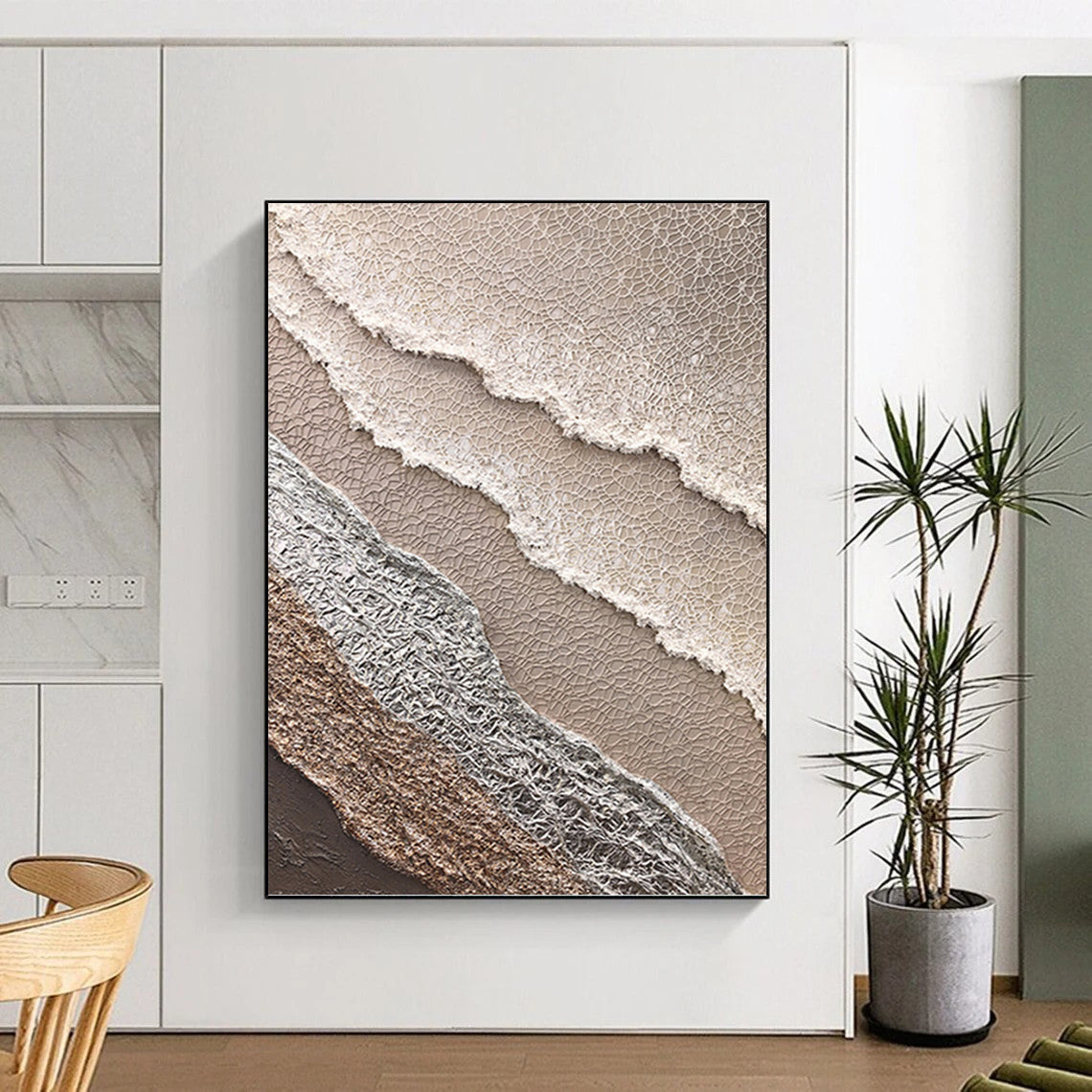 “Beige, White & Silver Textured Layered Abstract” Painting On Canvas DKH0988