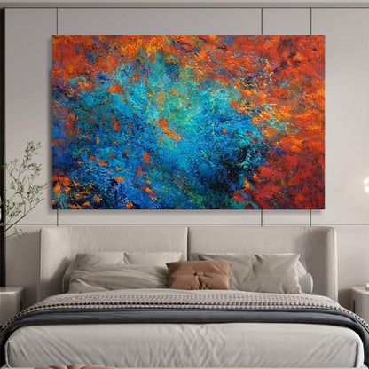 “Fiery Blue Core” - Red, Blue, Orange Abstract Oil Painting On Canvas DKH723