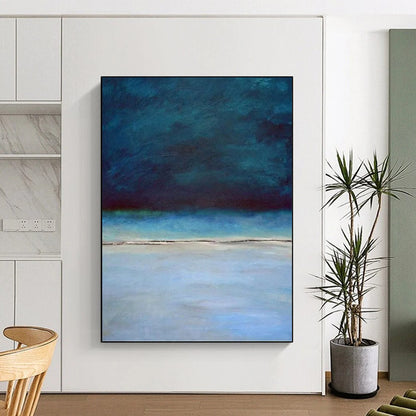 “Deep Blue Coastal Stillness” - Blue, Teal & Gray Seascape Painting On Canvas DKH0938