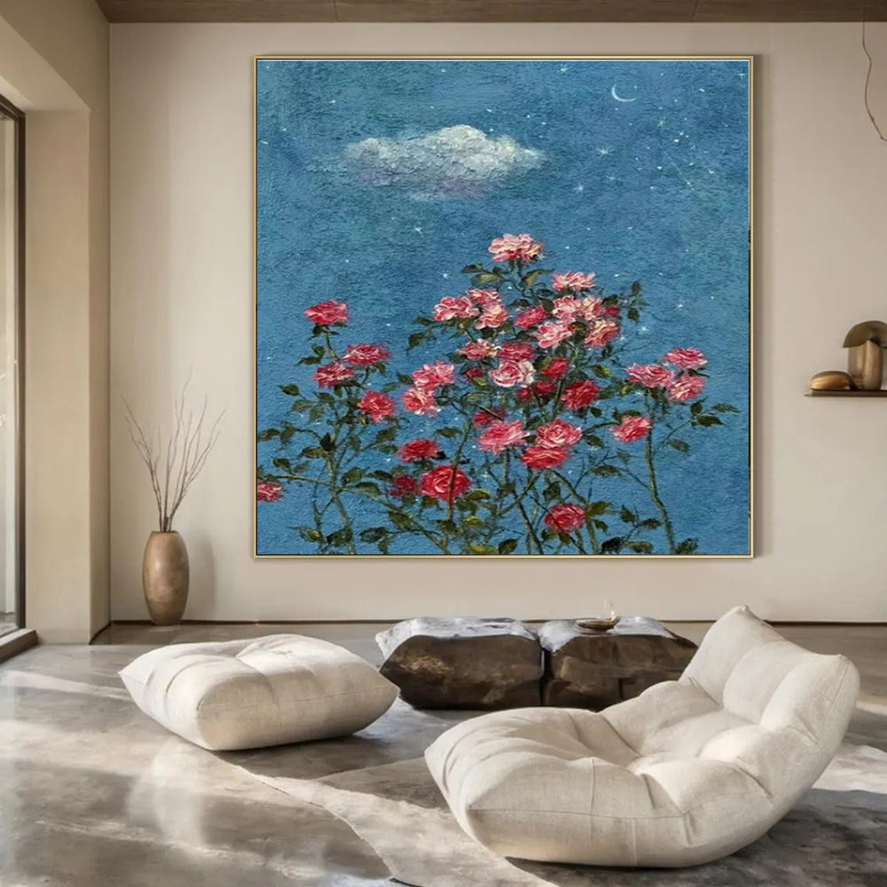 Blue Sky, Stars, Cloud, Moon & Pink Roses - "Starry Rose Garden" - Impressionistic Oil Painting CT1454