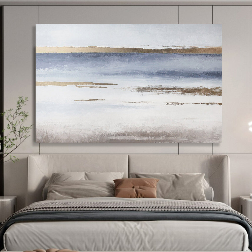 Blue, White, and Gold Abstract Landscape “Coastal Ethereal Horizons” Painting On Canvas DKH135