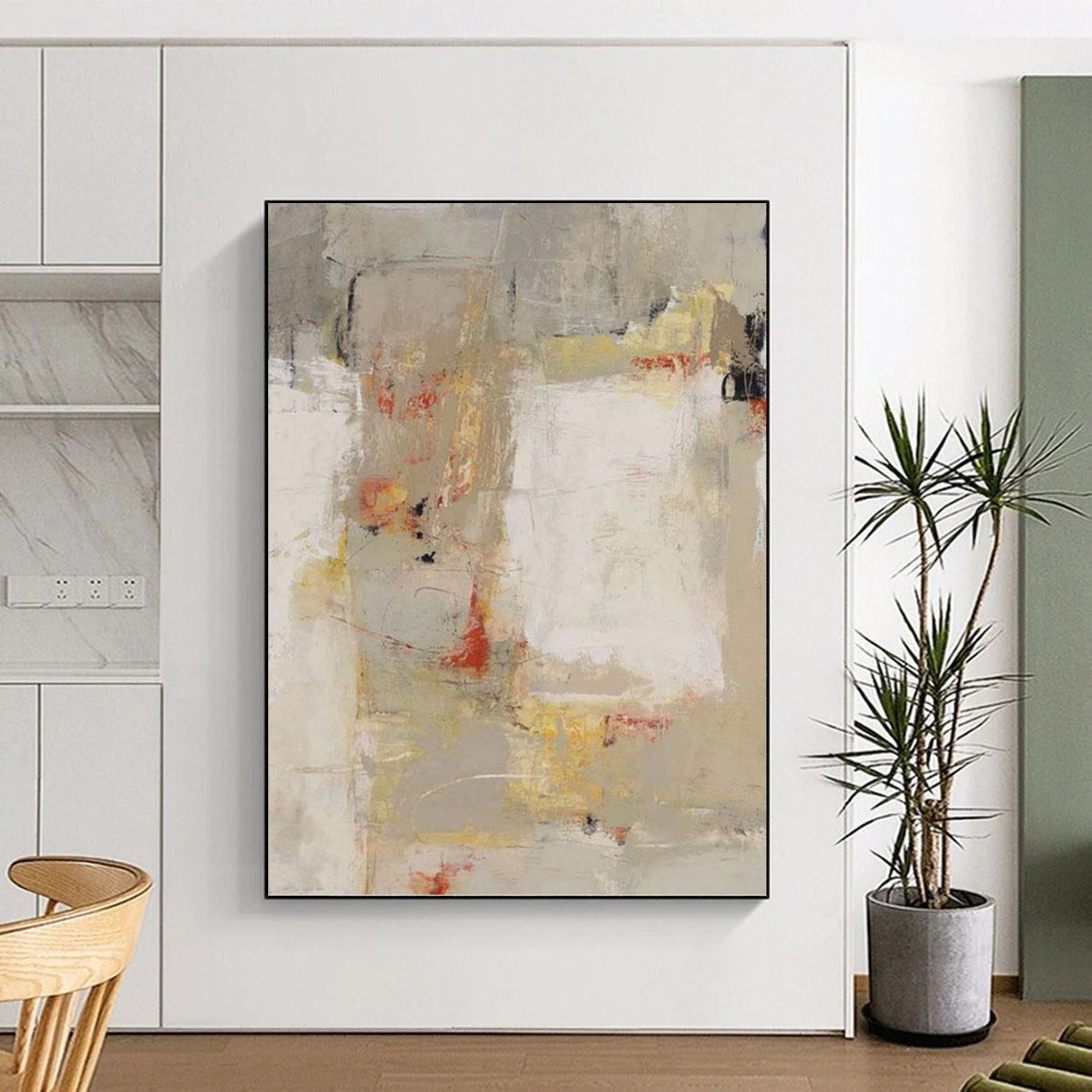 Neutral Tones with Red and Yellow Abstract - Abstract Painting On Canvas DKH1435